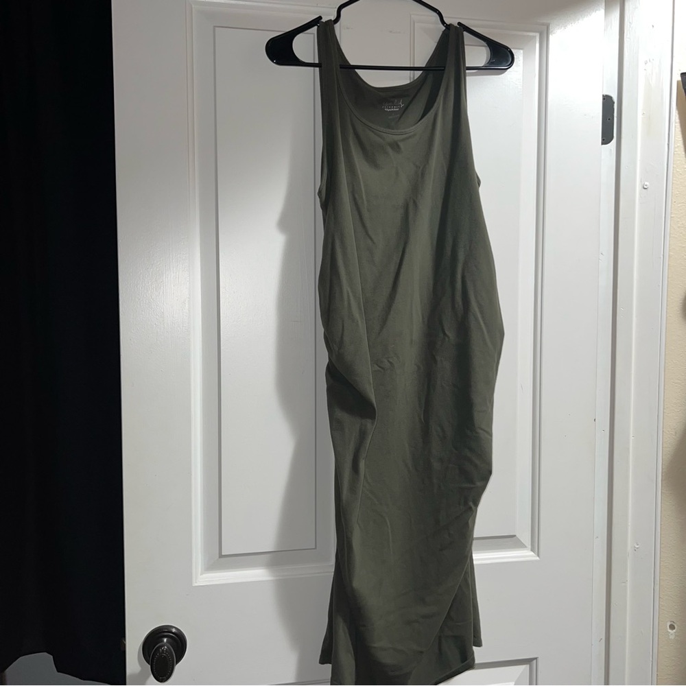 Isabel Maternity Bodycon Scrunch Midi Dress Crewneck Baby shower Olive Green